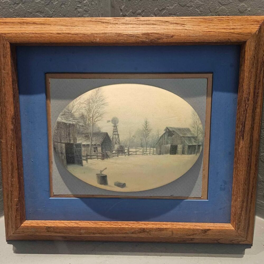 Oak Wood Framed 13" X 14" 3d Oval Windmill Scene